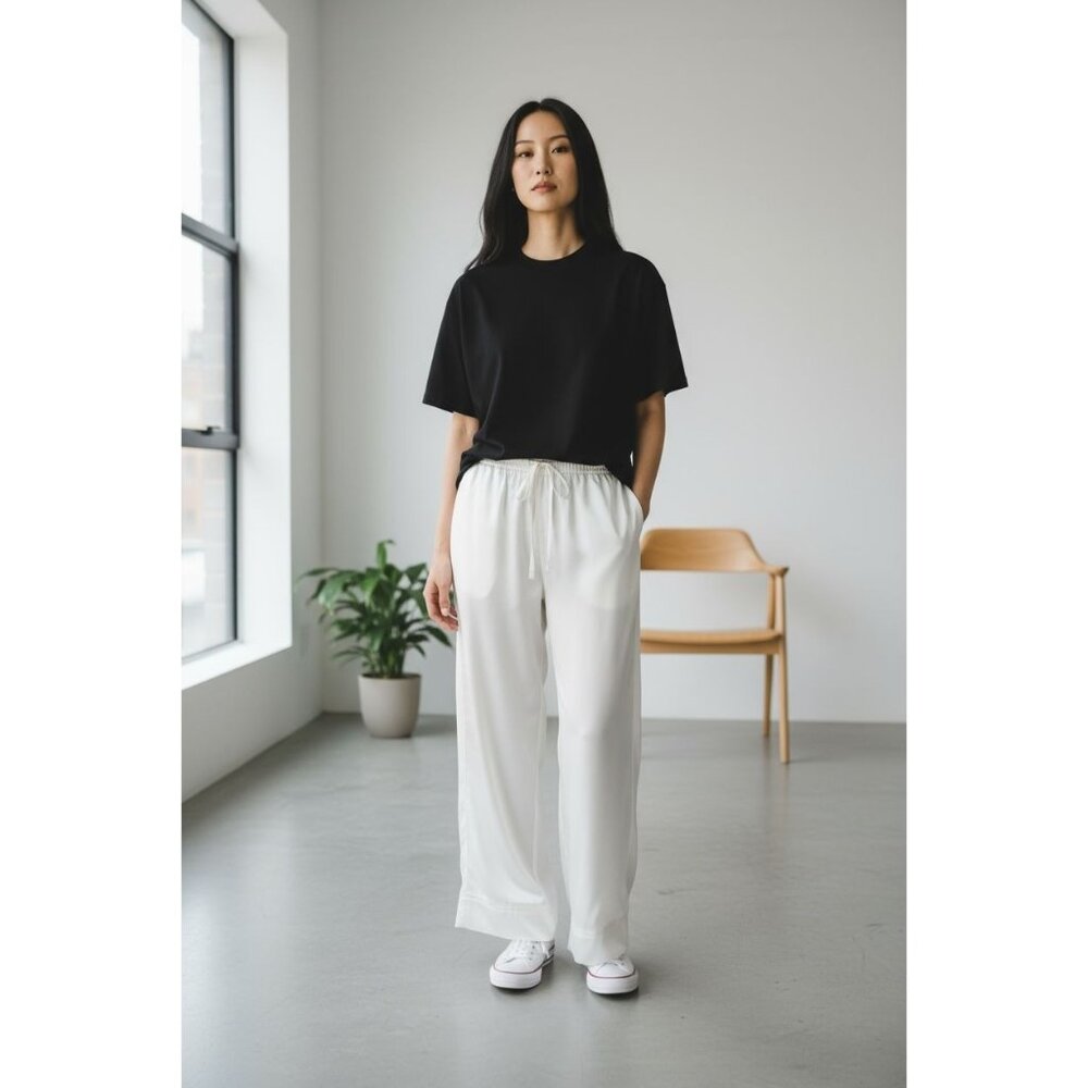 NEW Free People Intimately M White Satin Wide Leg Pajama Pants Lounge resort Wea
